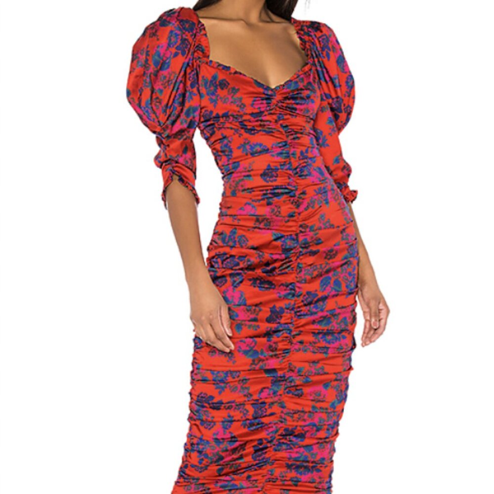 For Love & Lemons Red and Blue Floral Midi Dress